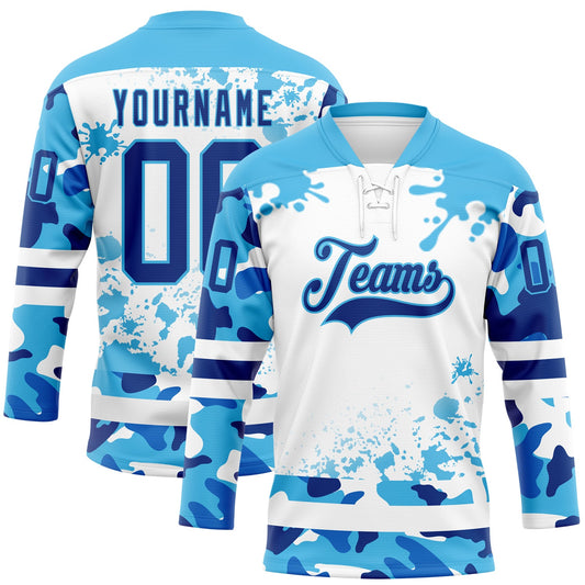 Custom Camo Royal Sky Blue-White Splash Hockey Lace Neck Jersey - Main View