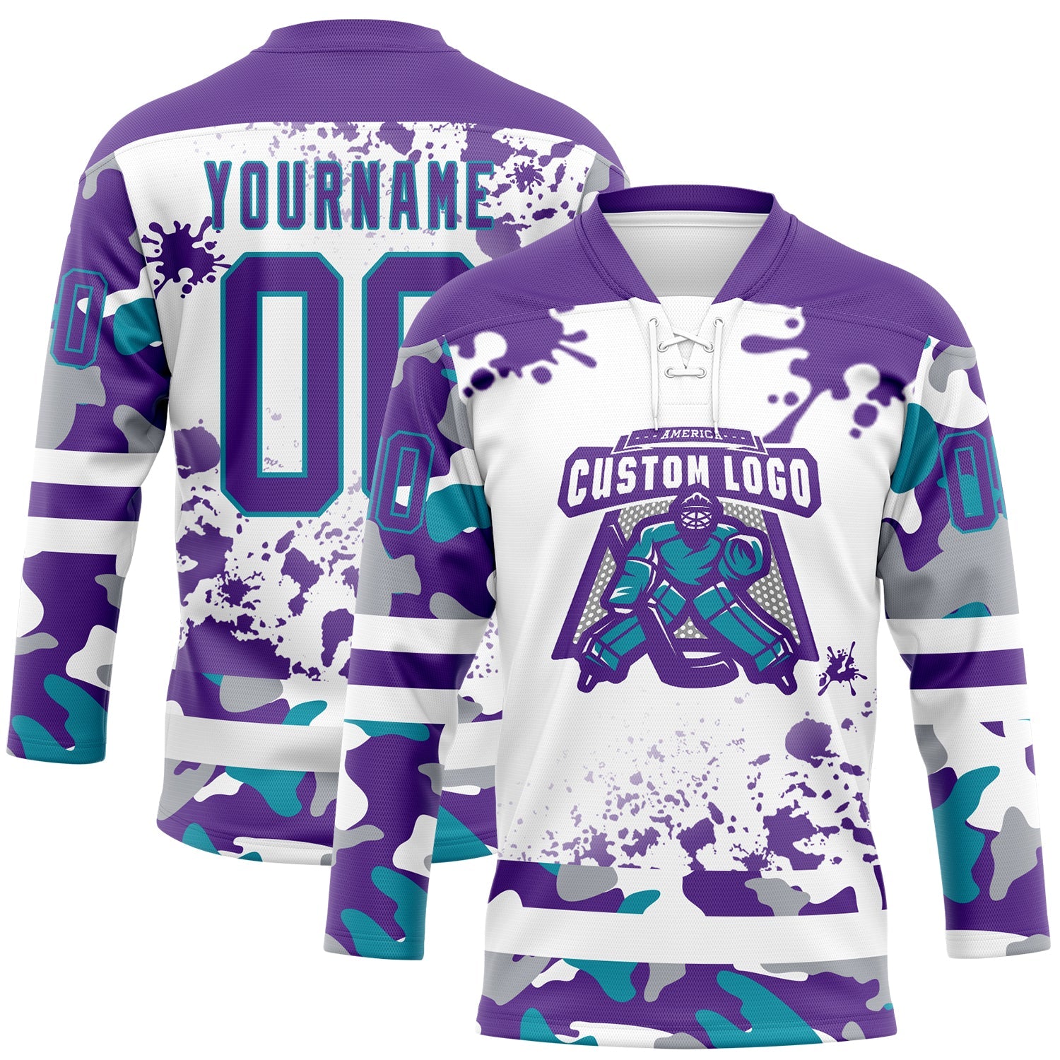 Custom Camo Purple Teal-White Splash Hockey Lace Neck Jersey view 2
