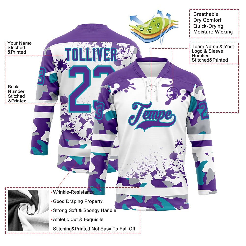 Custom Camo Purple Teal-White Splash Hockey Lace Neck Jersey view 3