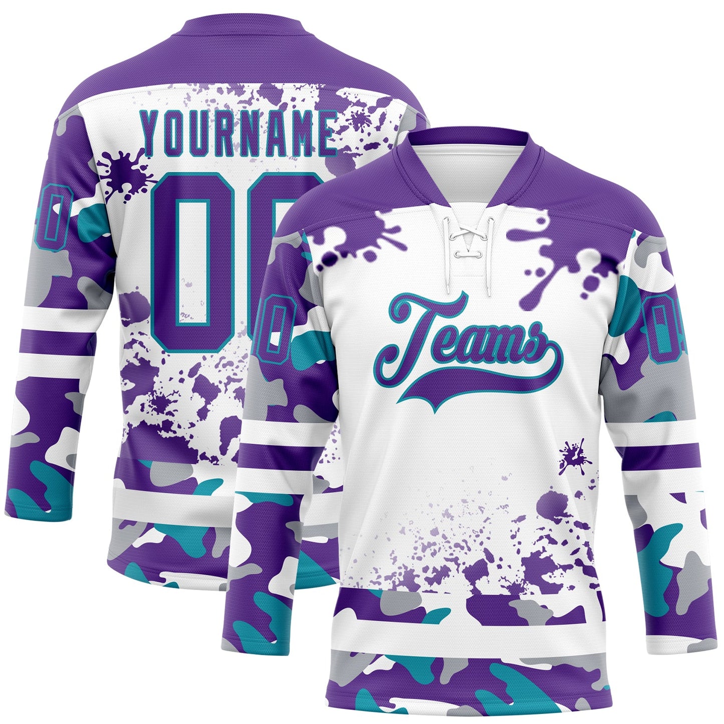 Custom Camo Purple Teal-White Splash Hockey Lace Neck Jersey - Main View