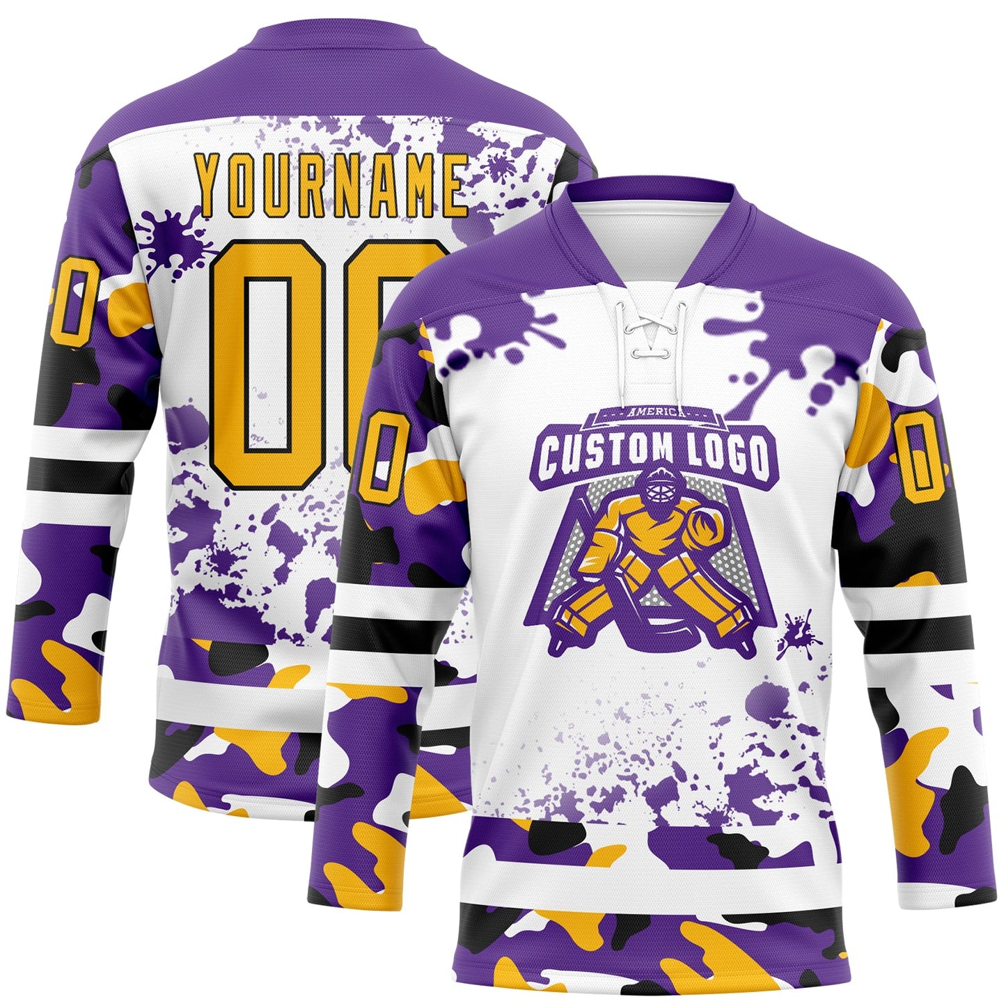 Custom Camo Gold Purple Black-White Splash Hockey Lace Neck Jersey view 2
