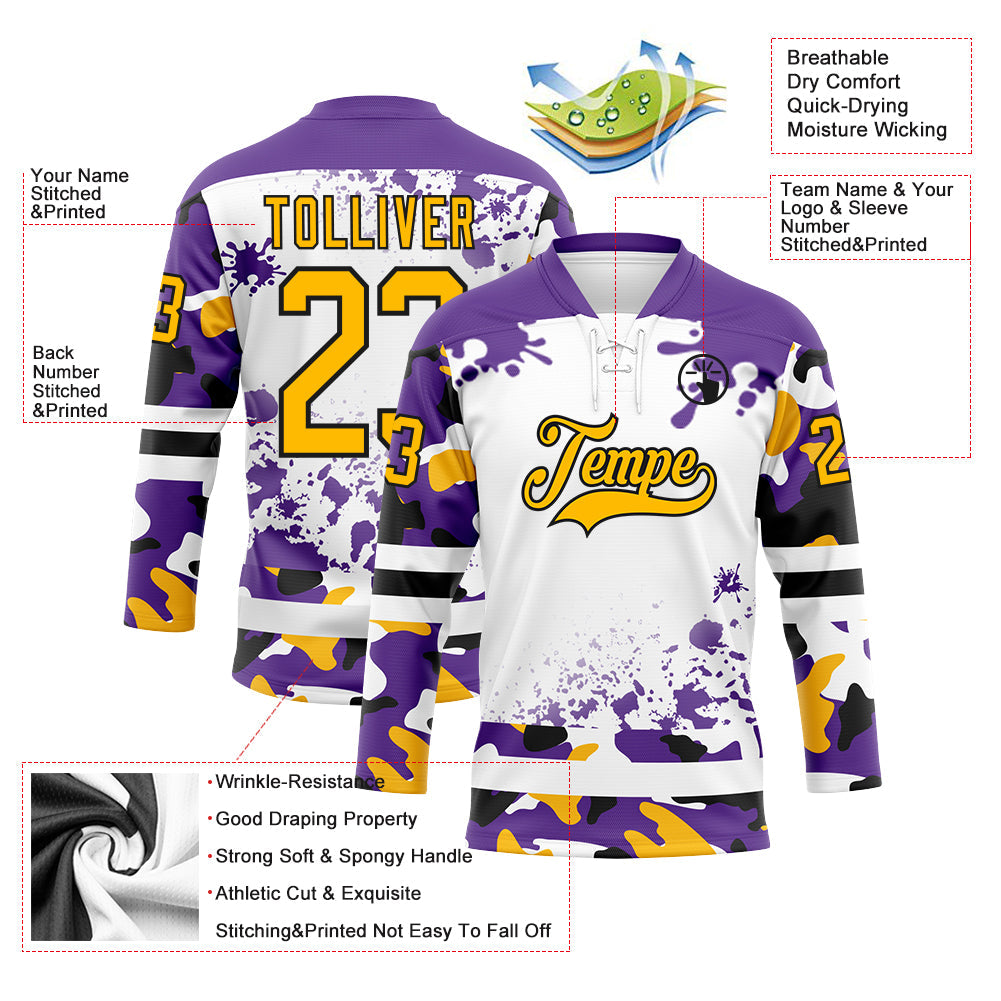 Custom Camo Gold Purple Black-White Splash Hockey Lace Neck Jersey view 3