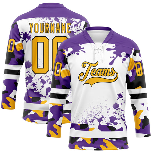 Custom Camo Gold Purple Black-White Splash Hockey Lace Neck Jersey - Main View