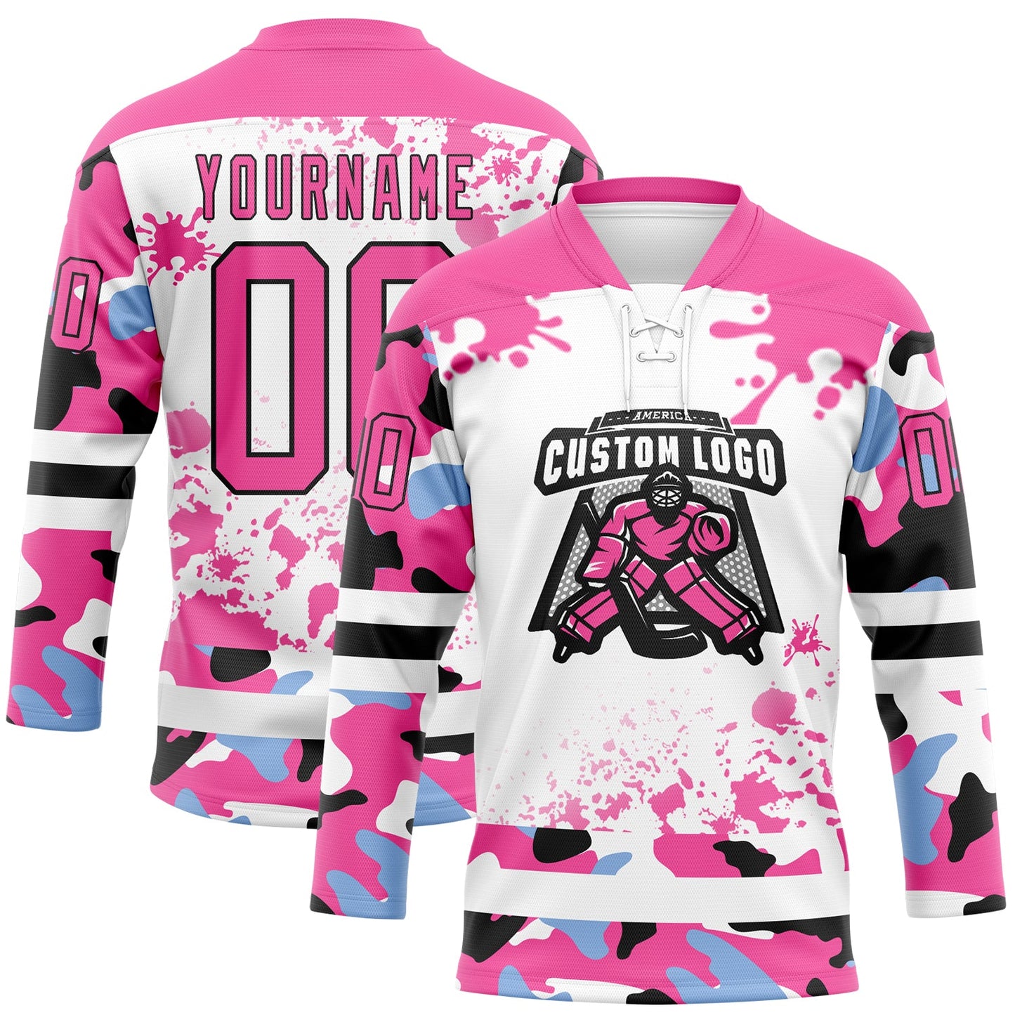Custom Camo Pink Black-White Splash Hockey Lace Neck Jersey view 2