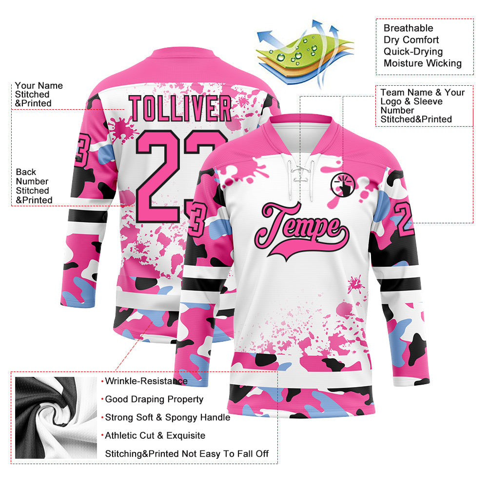 Custom Camo Pink Black-White Splash Hockey Lace Neck Jersey view 3