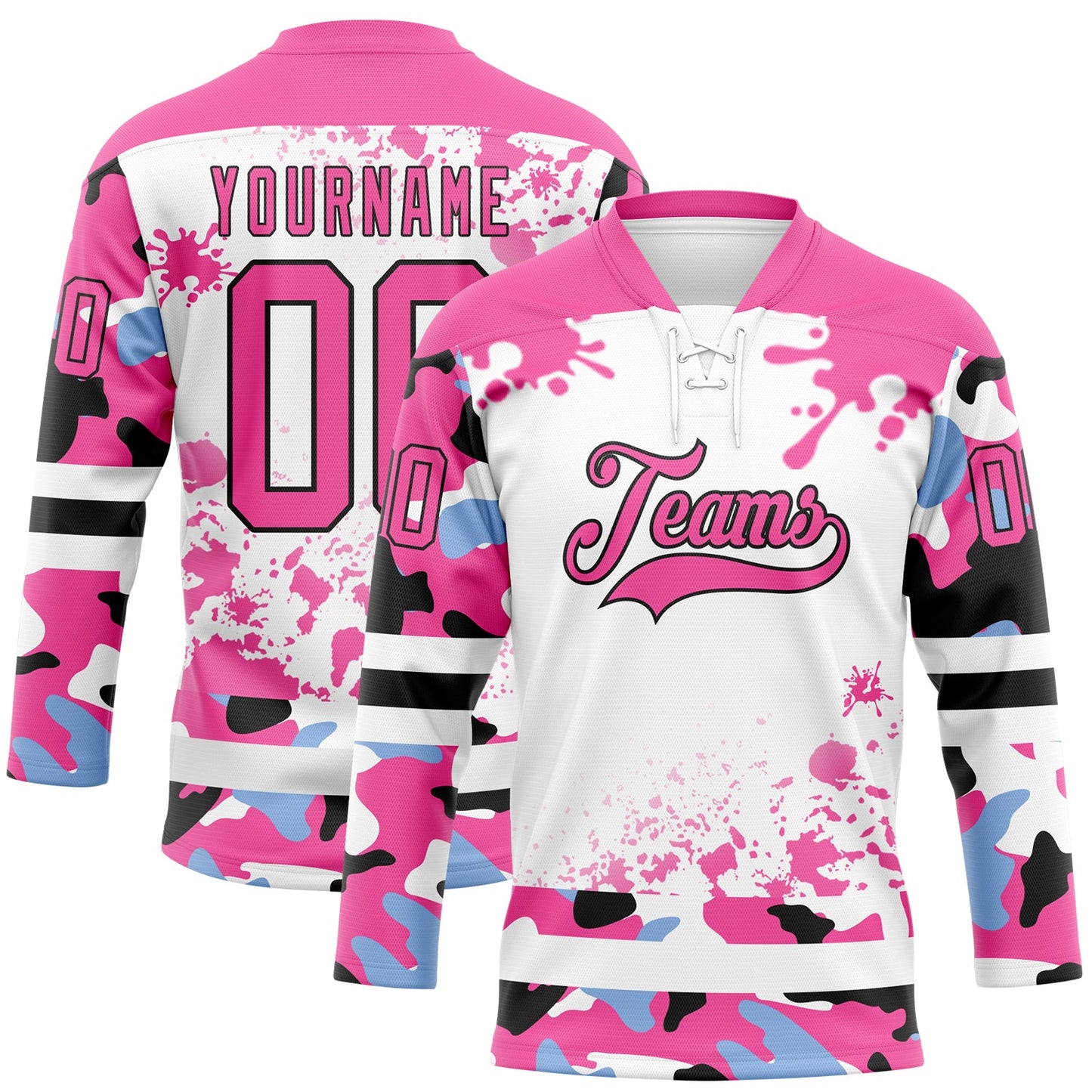 Custom Camo Pink Black-White Splash Hockey Lace Neck Jersey - Main View