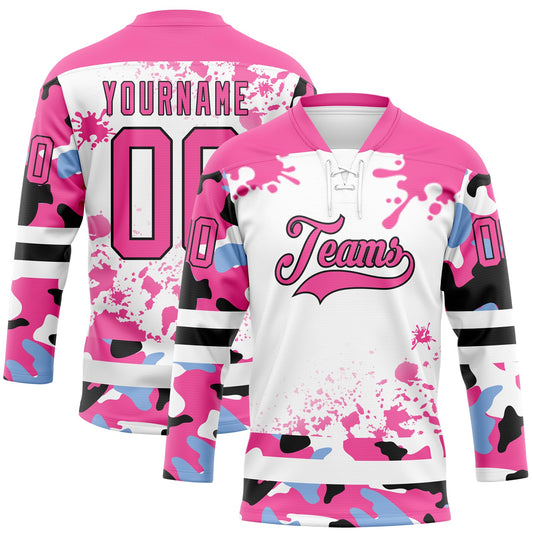 Custom Camo Pink Black-White Splash Hockey Lace Neck Jersey - Main View