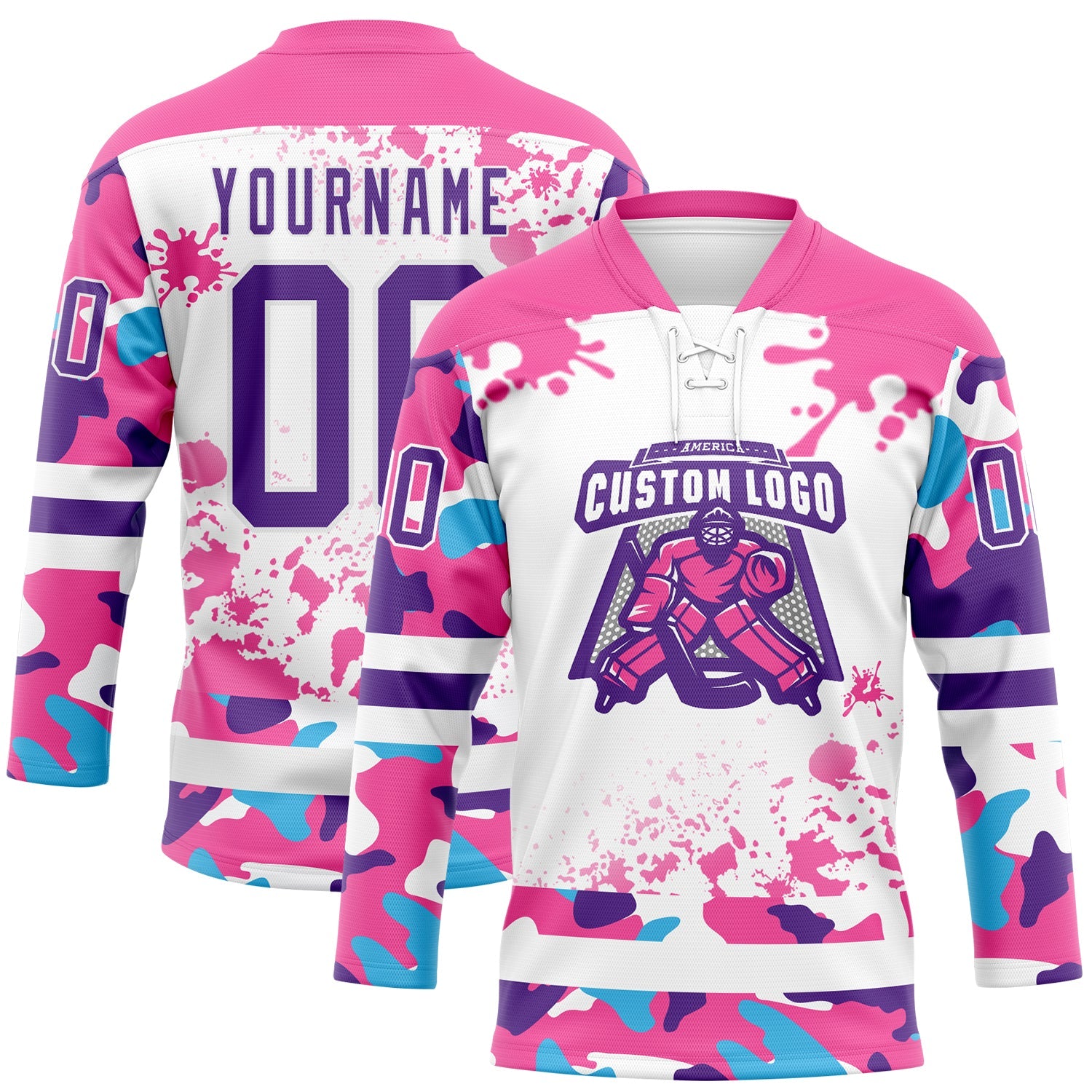 Custom Camo Purple Pink-White Splash Hockey Lace Neck Jersey view 2