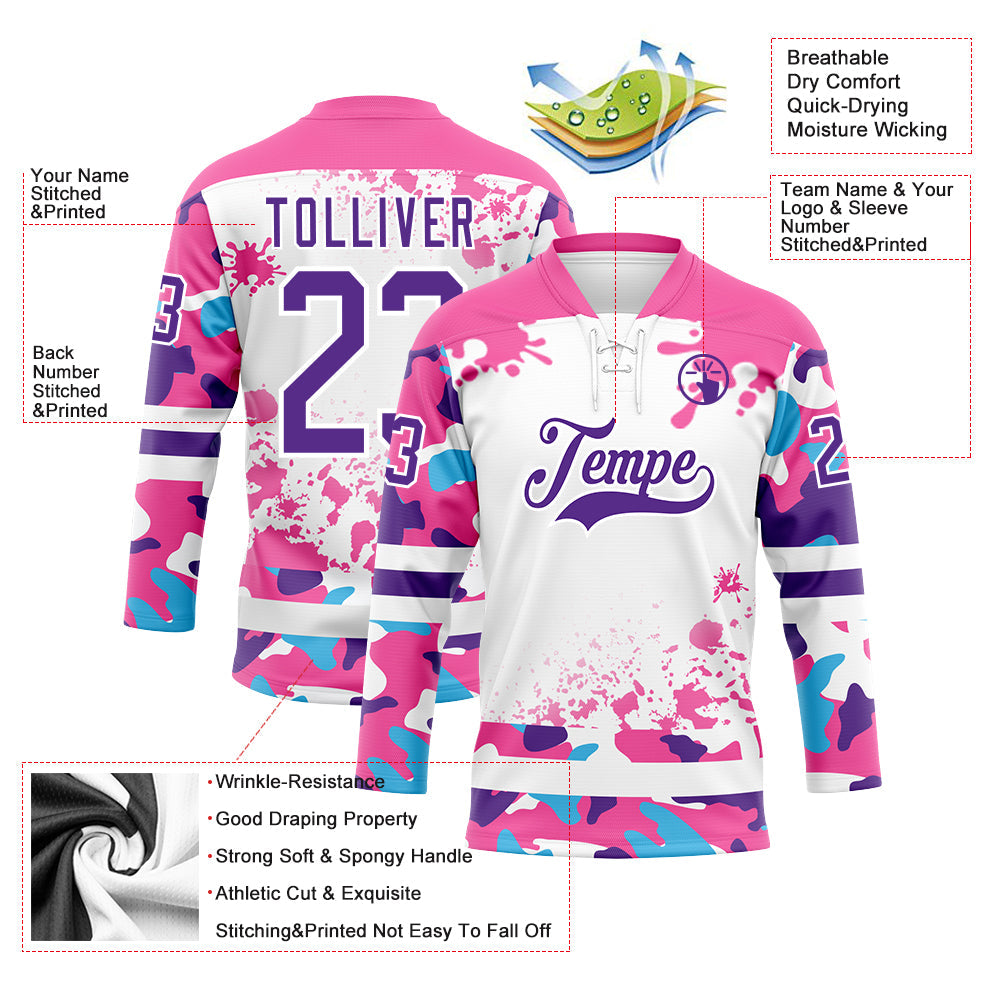 Custom Camo Purple Pink-White Splash Hockey Lace Neck Jersey view 3
