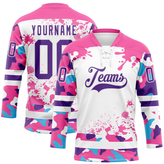 Custom Camo Purple Pink-White Splash Hockey Lace Neck Jersey - Main View