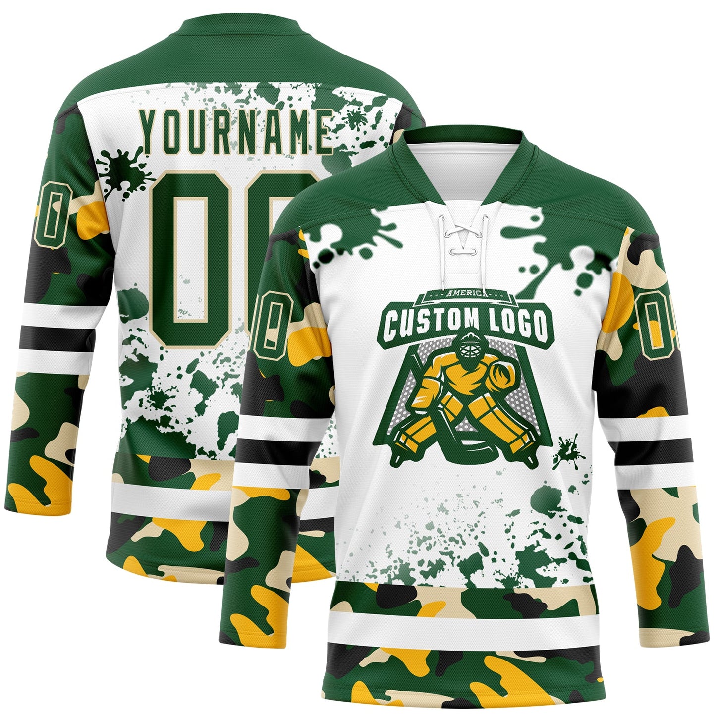 Custom Camo Green Black Cream-White Splash Hockey Lace Neck Jersey view 2