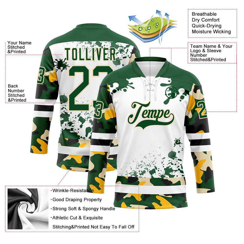 Custom Camo Green Black Cream-White Splash Hockey Lace Neck Jersey view 3