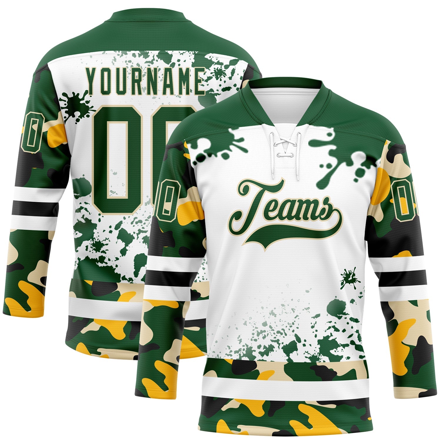 Custom Camo Green Black Cream-White Splash Hockey Lace Neck Jersey - Main View