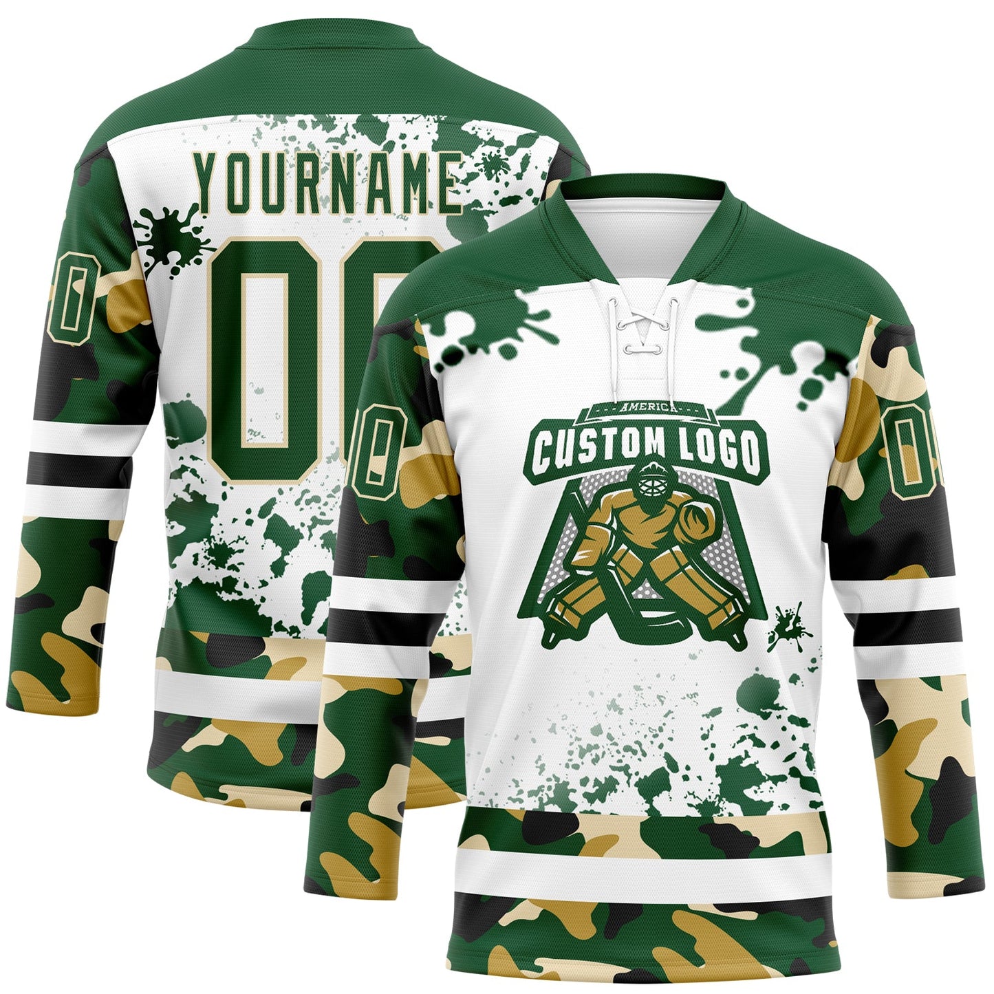 Custom Camo Green Black Cream-White Splash Hockey Lace Neck Jersey view 2