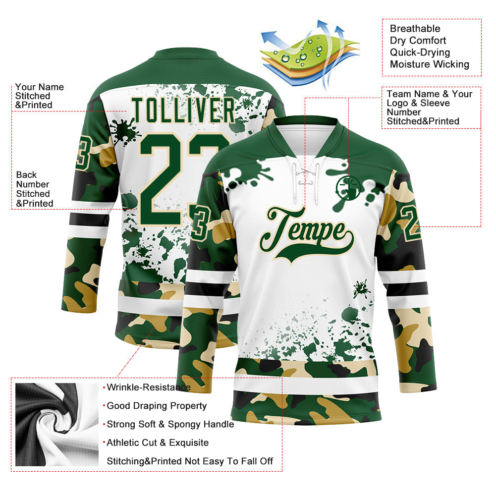 Custom Camo Green Black Cream-White Splash Hockey Lace Neck Jersey view 3