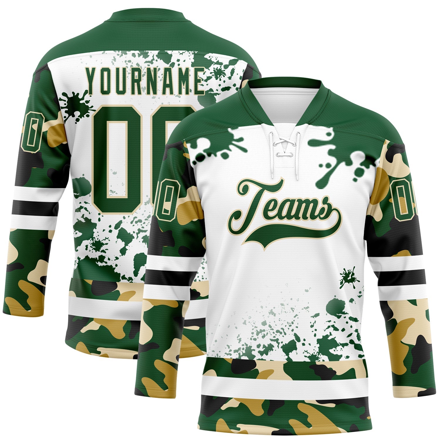 Custom Camo Green Black Cream-White Splash Hockey Lace Neck Jersey - Main View