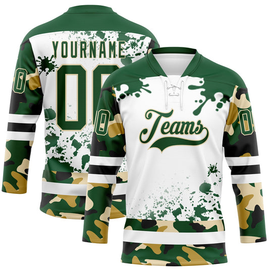 Custom Camo Green Black Cream-White Splash Hockey Lace Neck Jersey - Main View