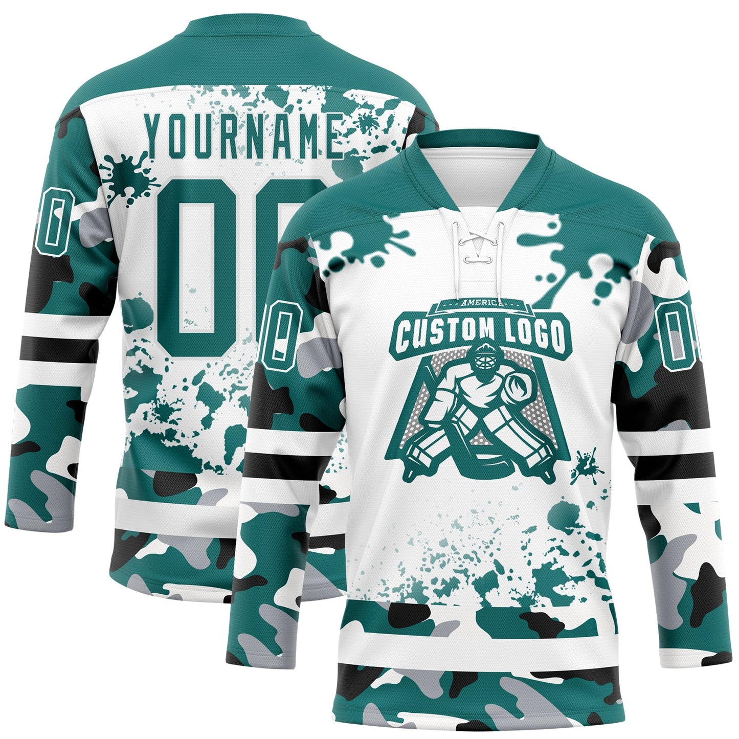 Custom Camo Teal Black-White Splash Hockey Lace Neck Jersey view 2