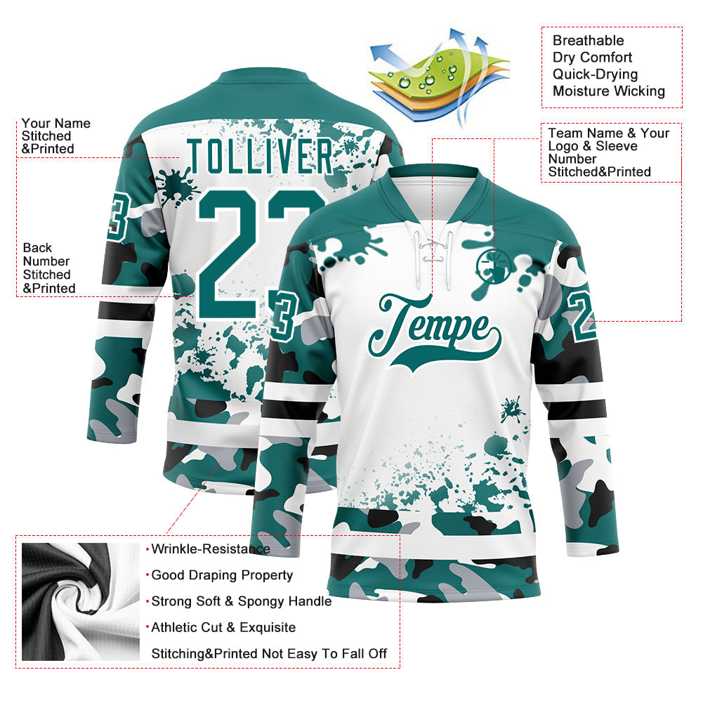 Custom Camo Teal Black-White Splash Hockey Lace Neck Jersey view 3