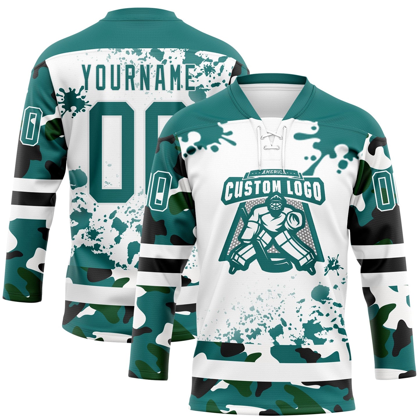 Custom Camo Teal Black-White Splash Hockey Lace Neck Jersey view 2