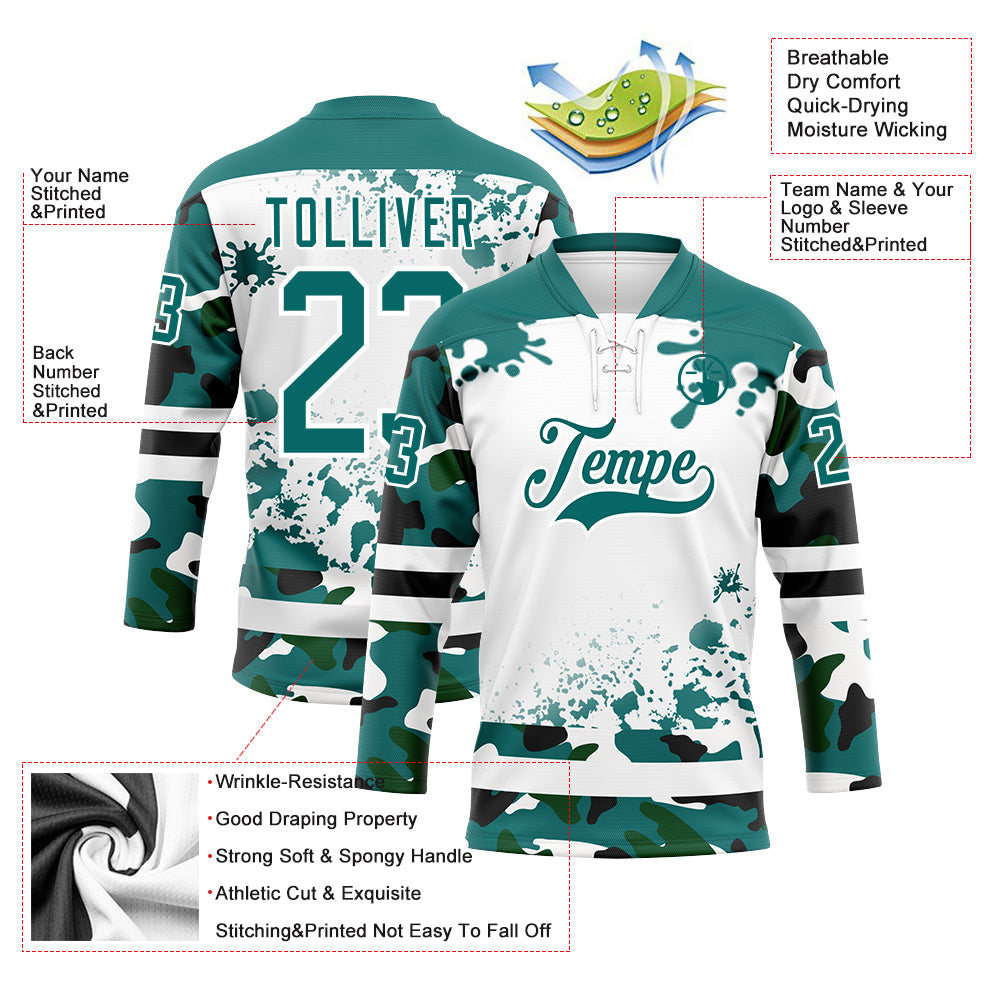 Custom Camo Teal Black-White Splash Hockey Lace Neck Jersey view 3
