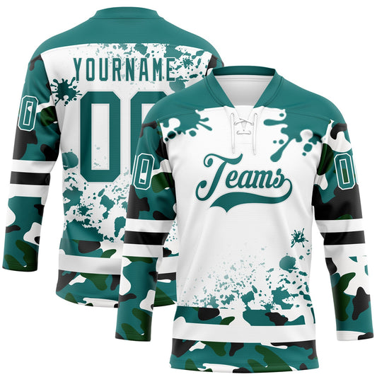 Custom Camo Teal Black-White Splash Hockey Lace Neck Jersey - Main View