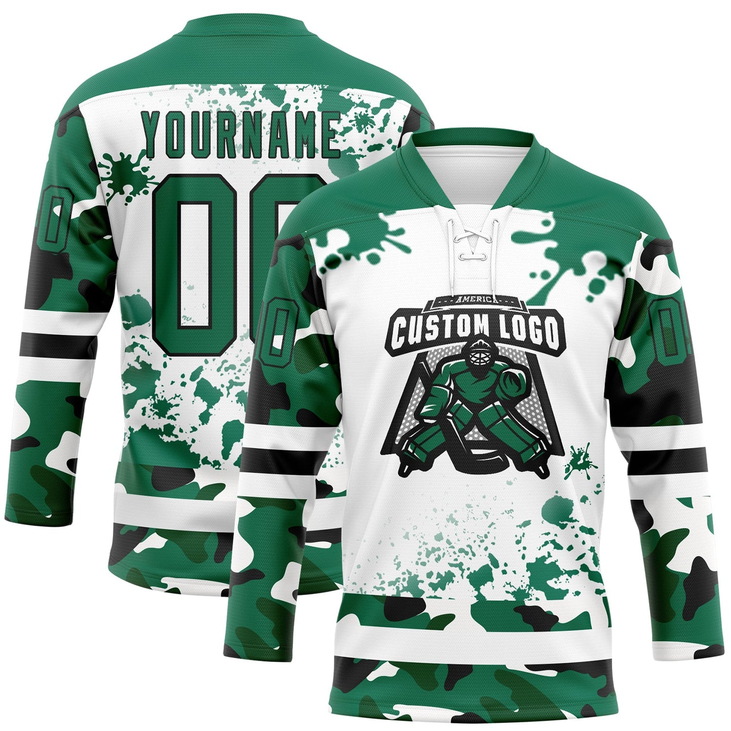 Custom Camo Kelly Green Black-White Splash Hockey Lace Neck Jersey view 2