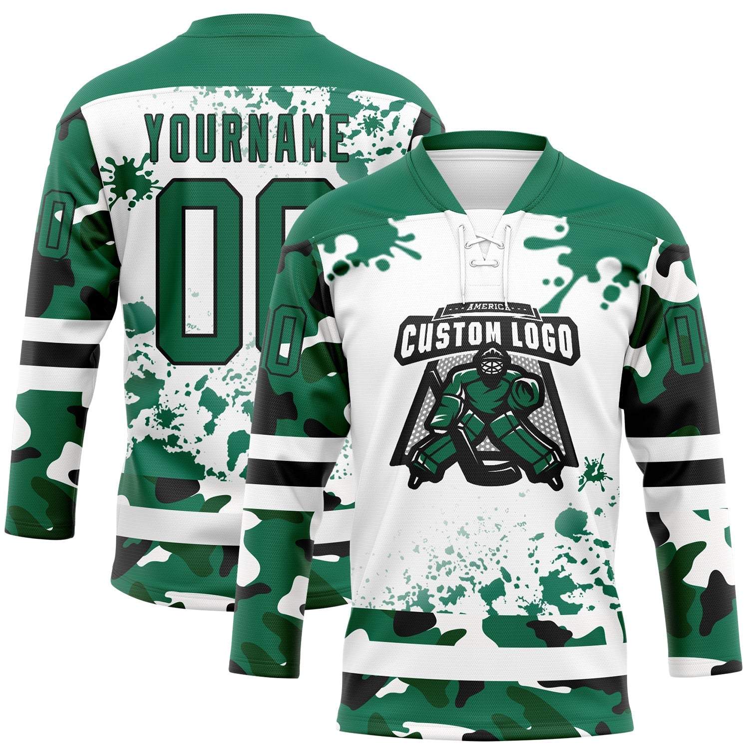 Custom Camo Kelly Green Black-White Splash Hockey Lace Neck Jersey view 2