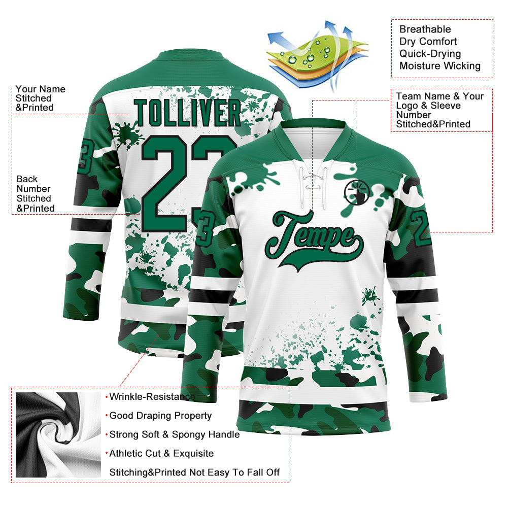 Custom Camo Kelly Green Black-White Splash Hockey Lace Neck Jersey view 3