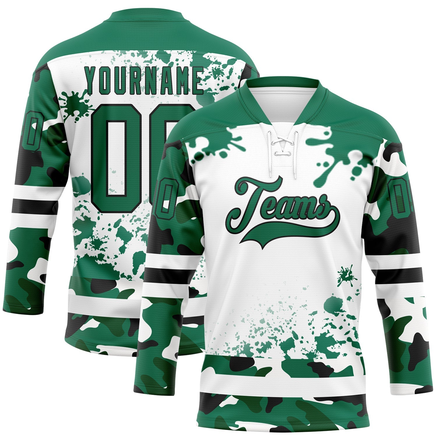 Custom Camo Kelly Green Black-White Splash Hockey Lace Neck Jersey - Main View