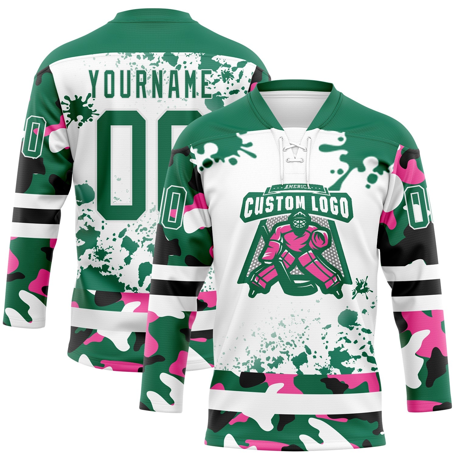 Custom Camo Kelly Green Black-White Splash Hockey Lace Neck Jersey view 2