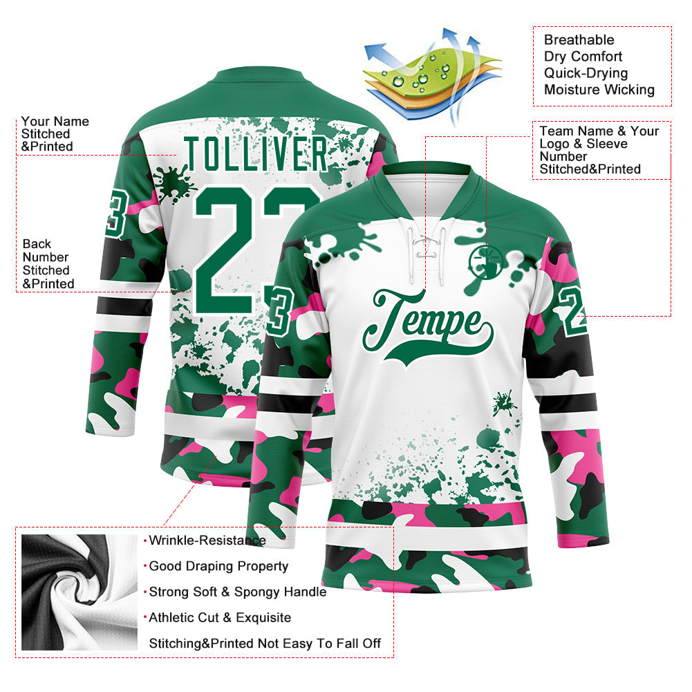 Custom Camo Kelly Green Black-White Splash Hockey Lace Neck Jersey view 3
