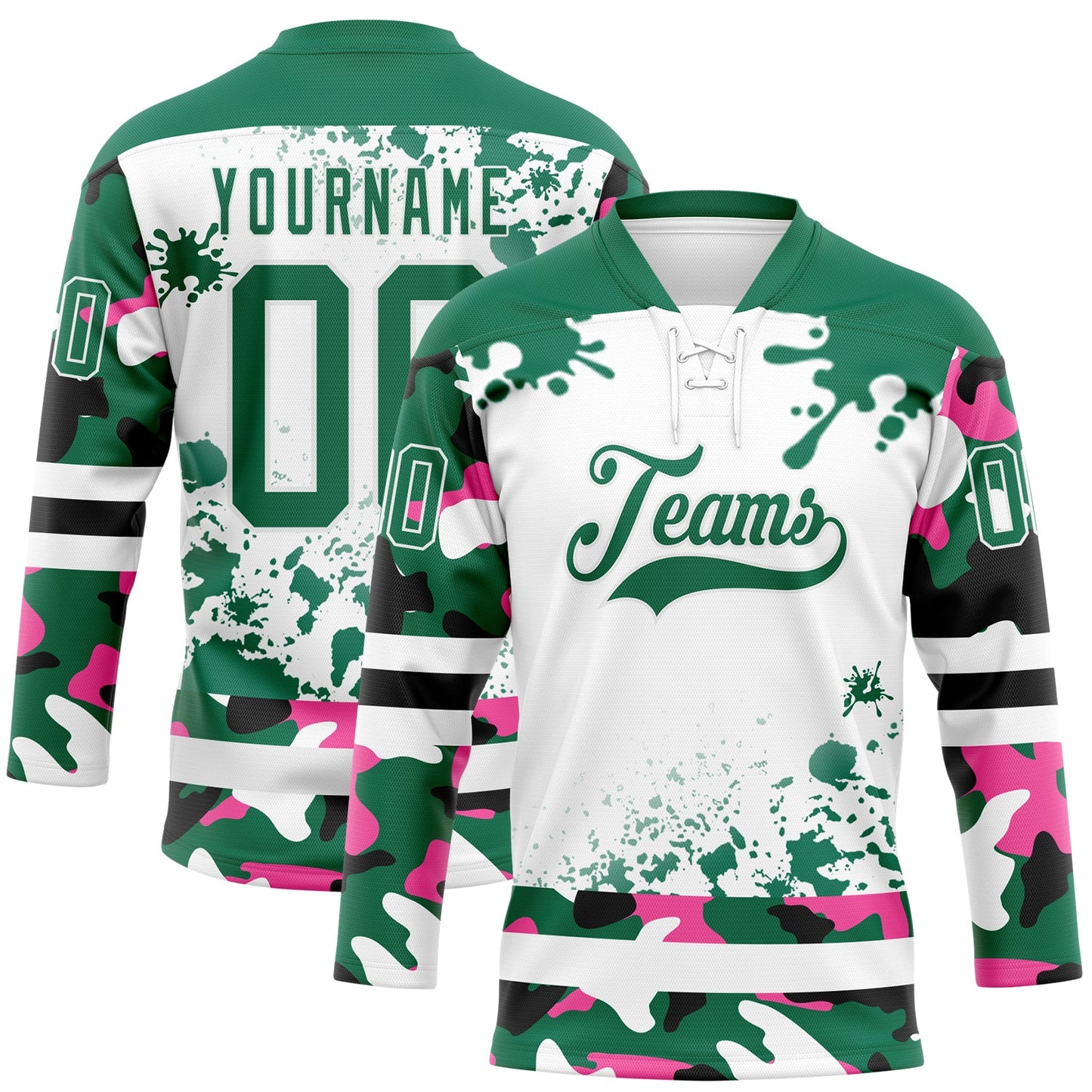 Custom Camo Kelly Green Black-White Splash Hockey Lace Neck Jersey - Main View