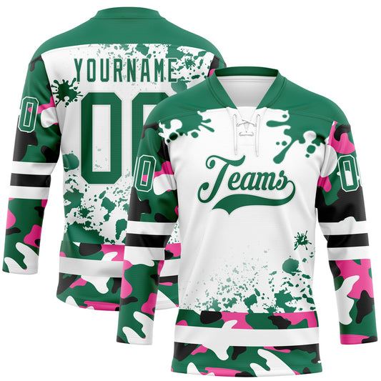 Custom Camo Kelly Green Black-White Splash Hockey Lace Neck Jersey - Main View