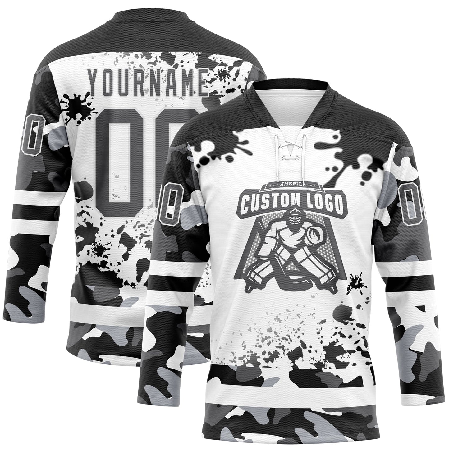 Custom Camo Steel Gray Black-White Splash Hockey Lace Neck Jersey view 2