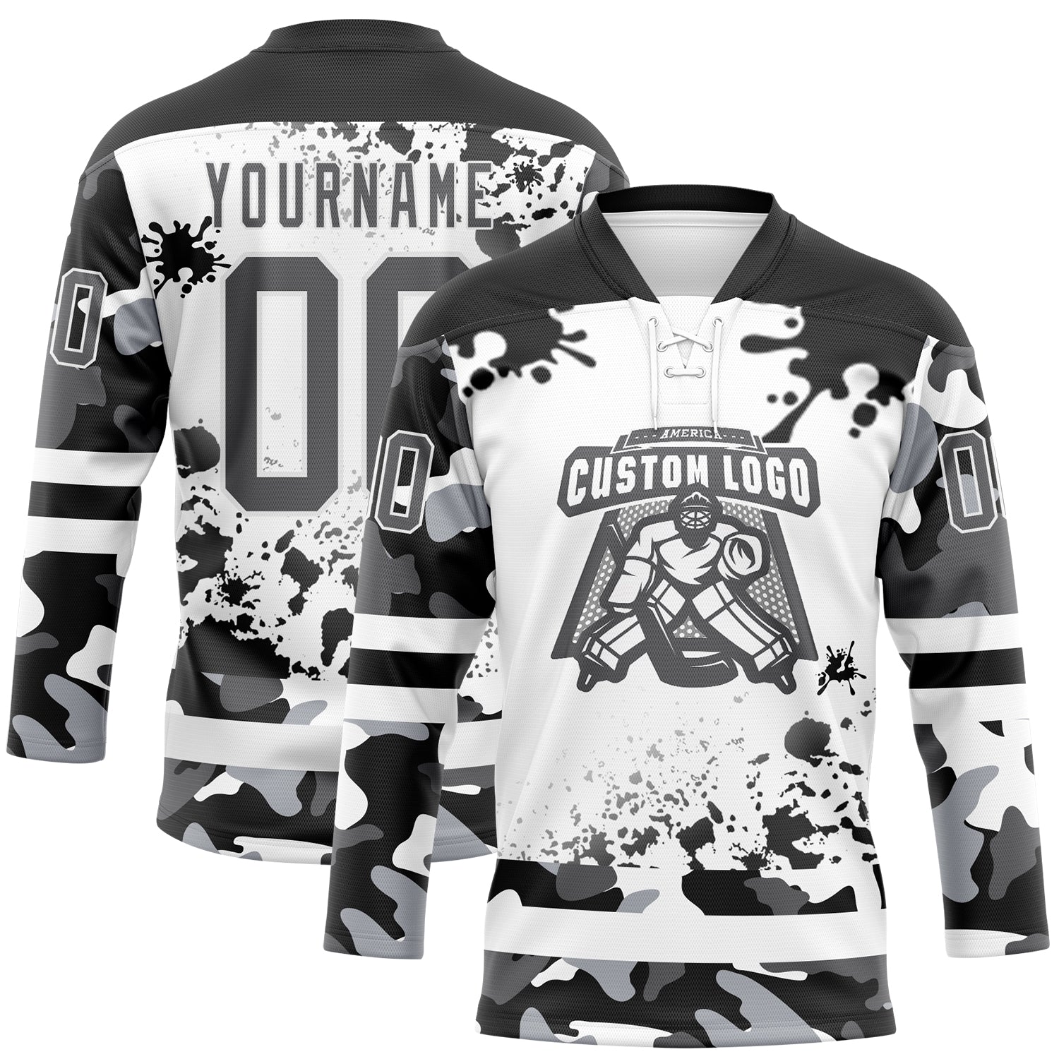 Custom Camo Steel Gray Black-White Splash Hockey Lace Neck Jersey view 2