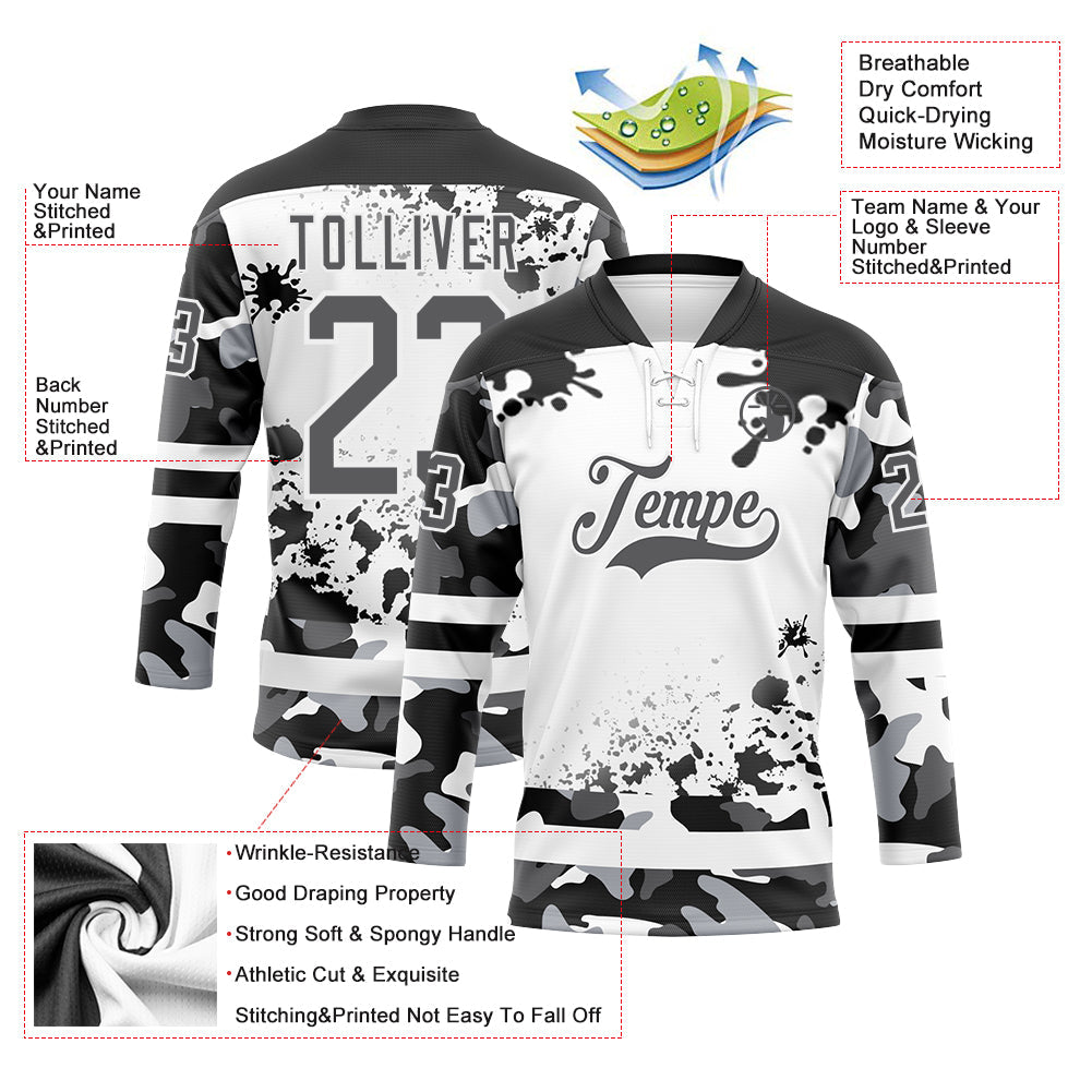 Custom Camo Steel Gray Black-White Splash Hockey Lace Neck Jersey view 3