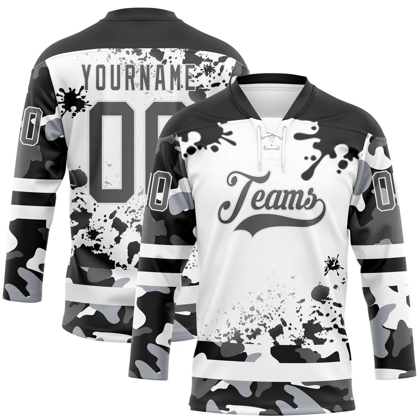 Custom Camo Steel Gray Black-White Splash Hockey Lace Neck Jersey - Main View