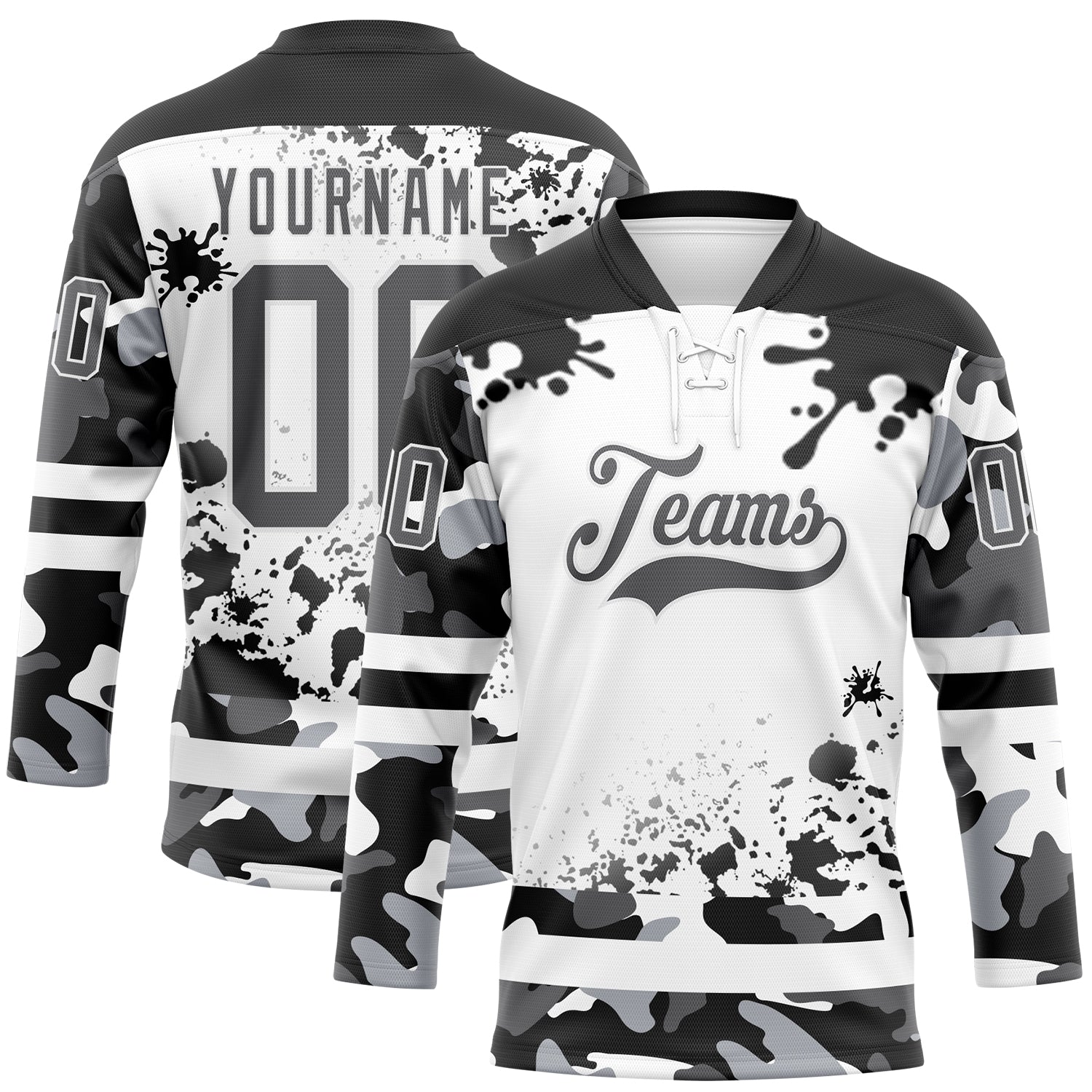 Custom Camo Steel Gray Black-White Splash Hockey Lace Neck Jersey - Main View