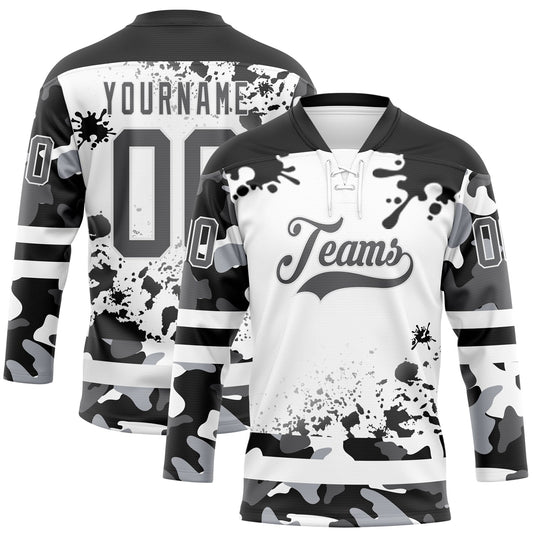 Custom Camo Steel Gray Black-White Splash Hockey Lace Neck Jersey - Main View