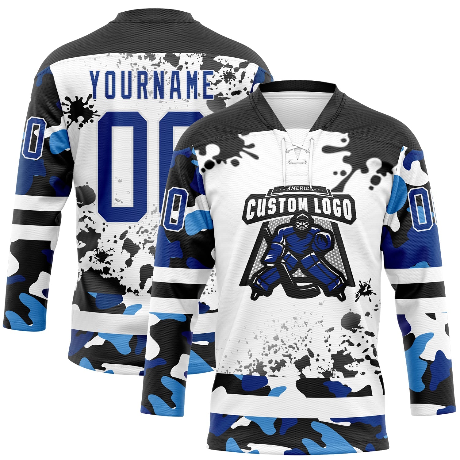 Custom Camo Royal Black-White Splash Hockey Lace Neck Jersey view 2