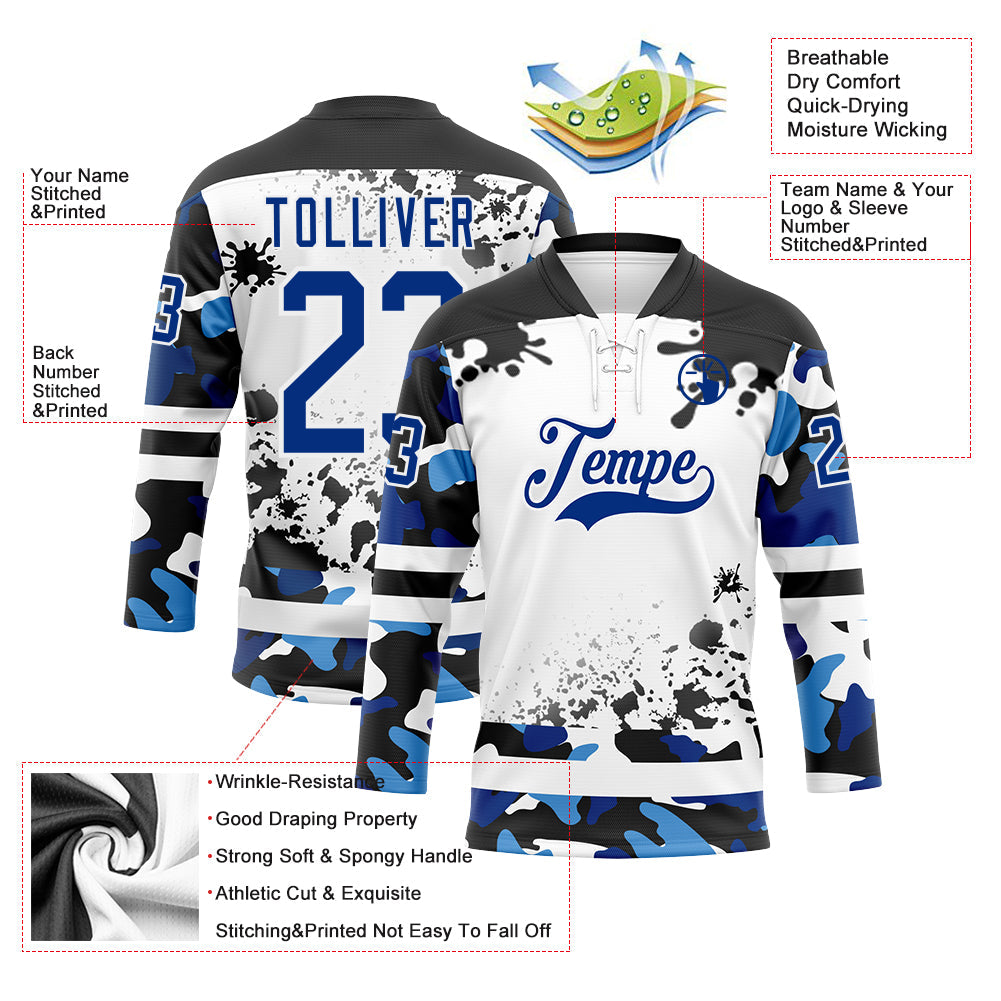 Custom Camo Royal Black-White Splash Hockey Lace Neck Jersey view 3