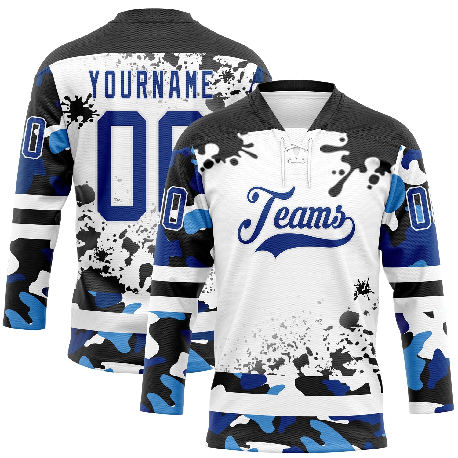 Custom Camo Royal Black-White Splash Hockey Lace Neck Jersey - Main View