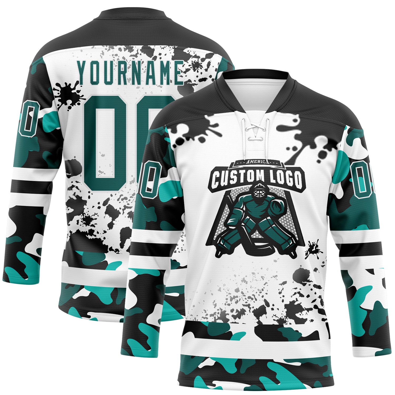 Custom Camo Midnight Green Black-White Splash Hockey Lace Neck Jersey view 2