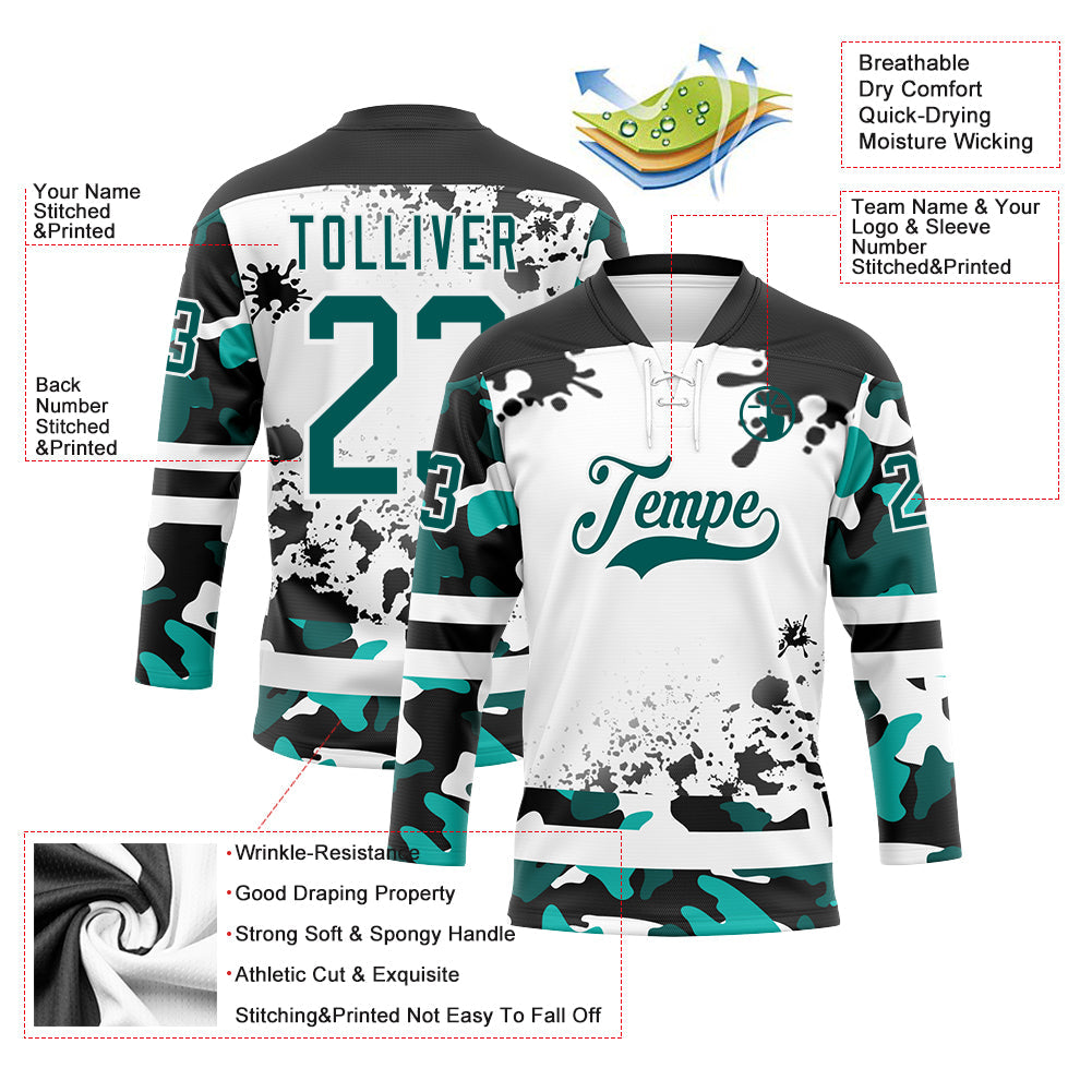 Custom Camo Midnight Green Black-White Splash Hockey Lace Neck Jersey view 3