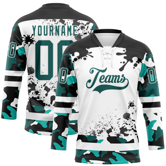 Custom Camo Midnight Green Black-White Splash Hockey Lace Neck Jersey - Main View