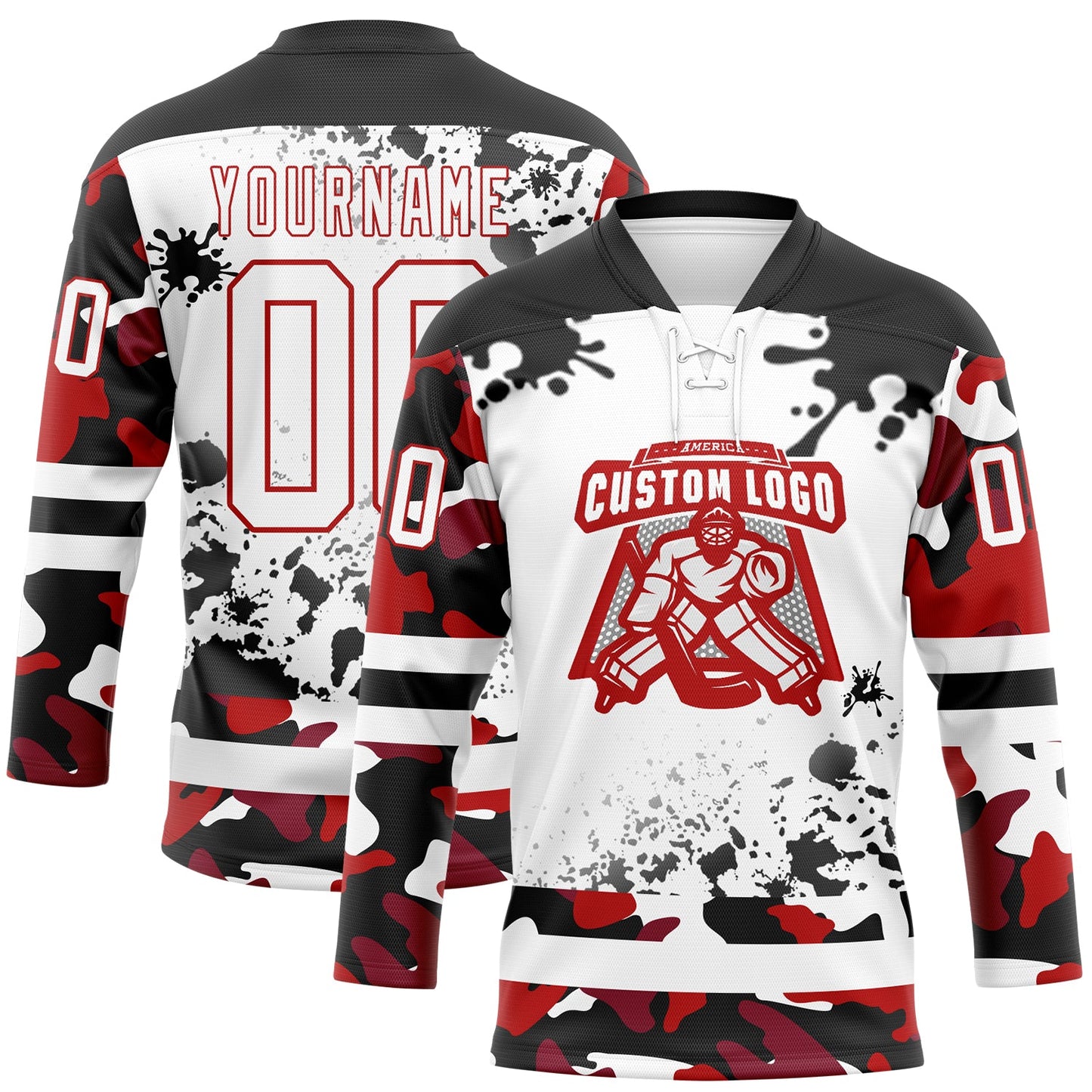 Custom Camo White Red-Black Splash Hockey Lace Neck Jersey view 2