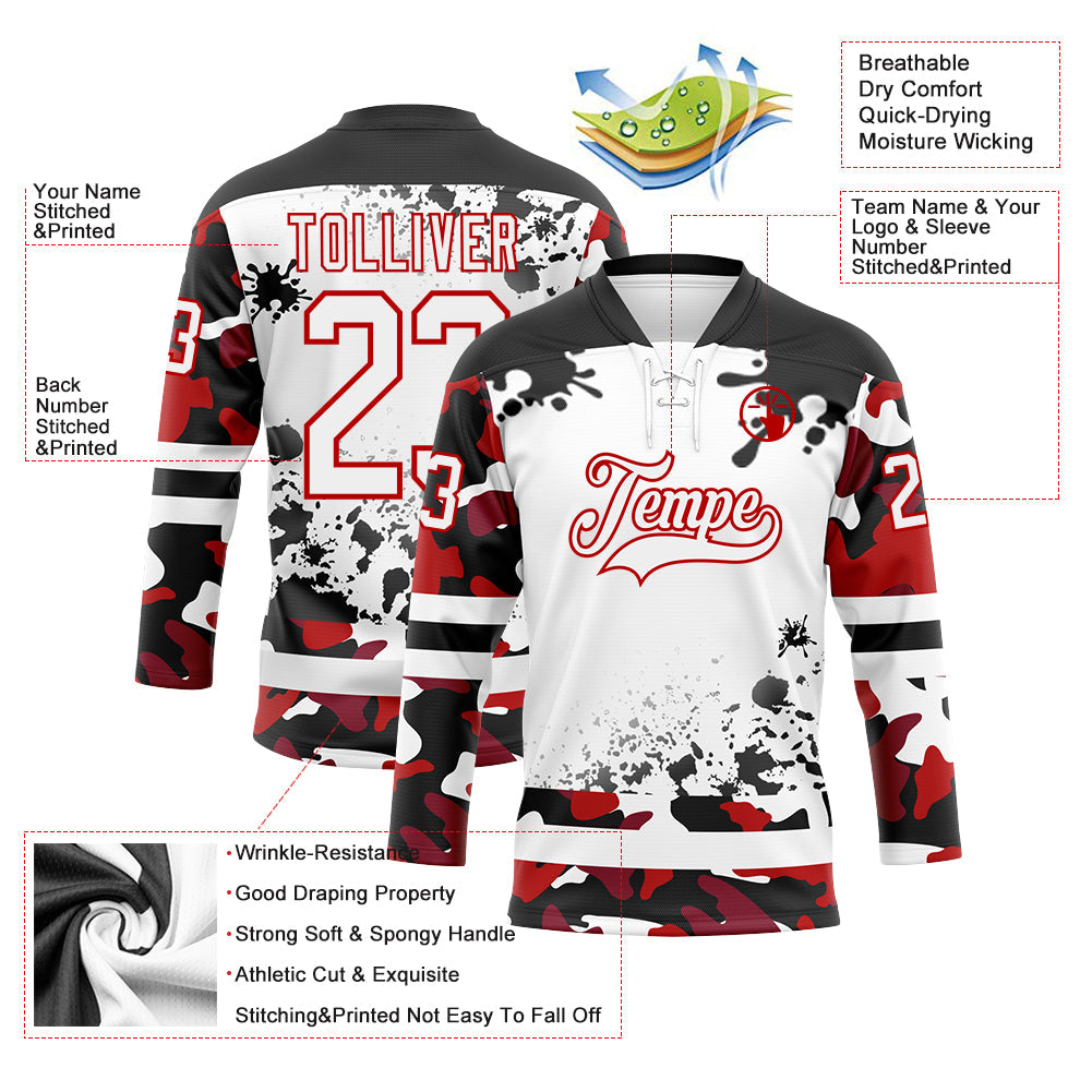 Custom Camo White Red-Black Splash Hockey Lace Neck Jersey view 3