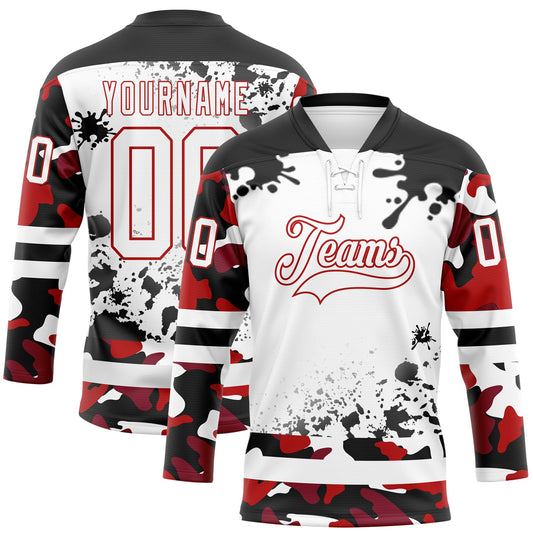 Custom Camo White Red-Black Splash Hockey Lace Neck Jersey - Main View