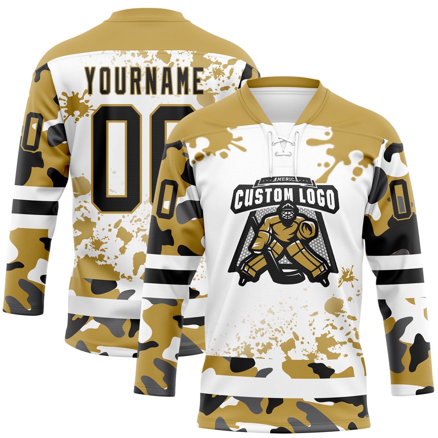 Custom Camo Black Old Gold-White Splash Hockey Lace Neck Jersey view 2